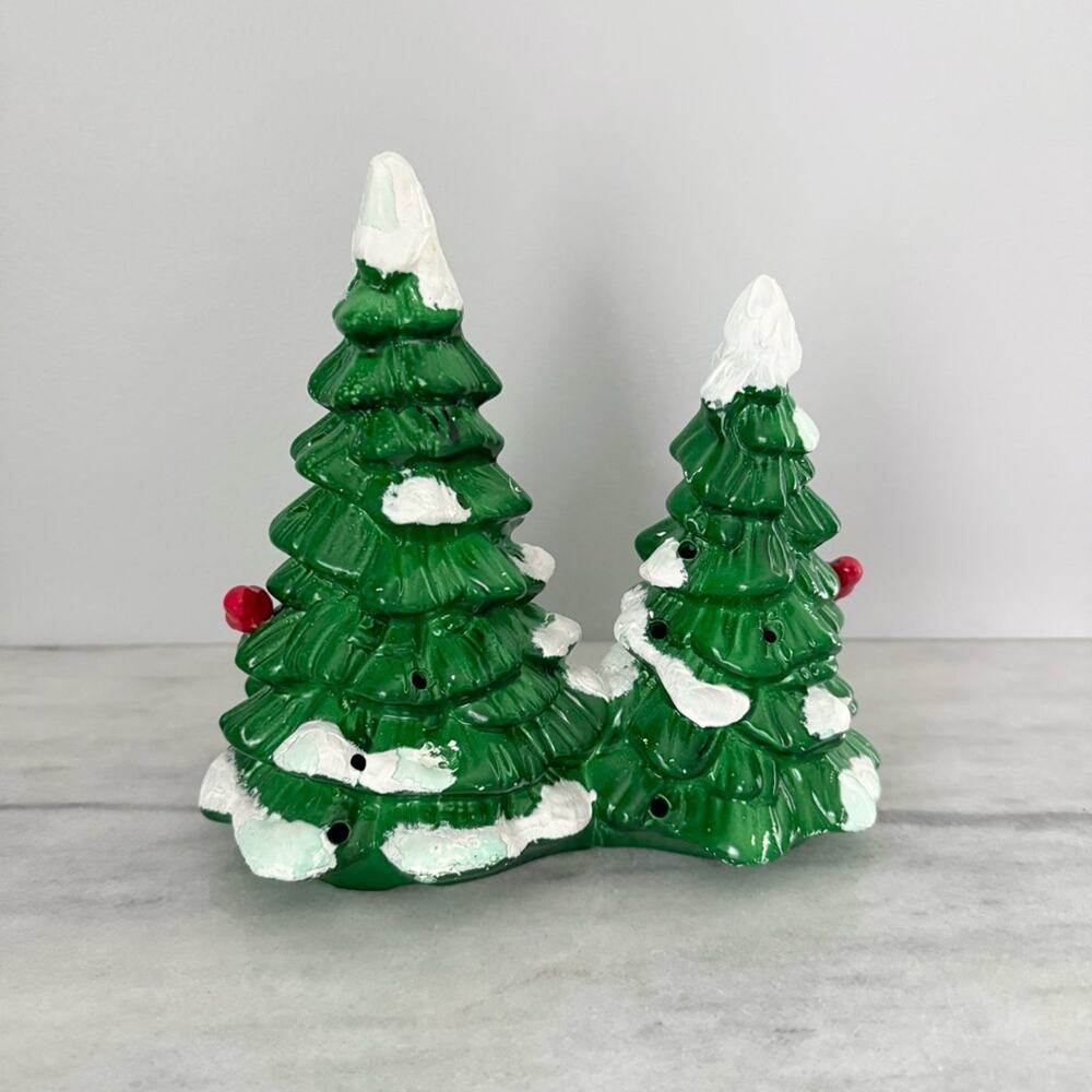 Vintage Department 56 Ceramic Christmas Trees Green & White Bulbs Lights Holiday